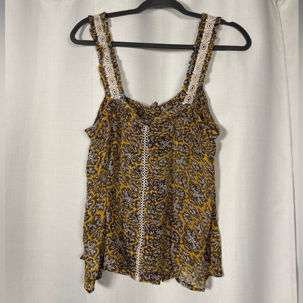 By Anthropologie Sleeveless Yellow and Brown Floral Crochet Bardot Blouse US 10 - Picture 8 of 16